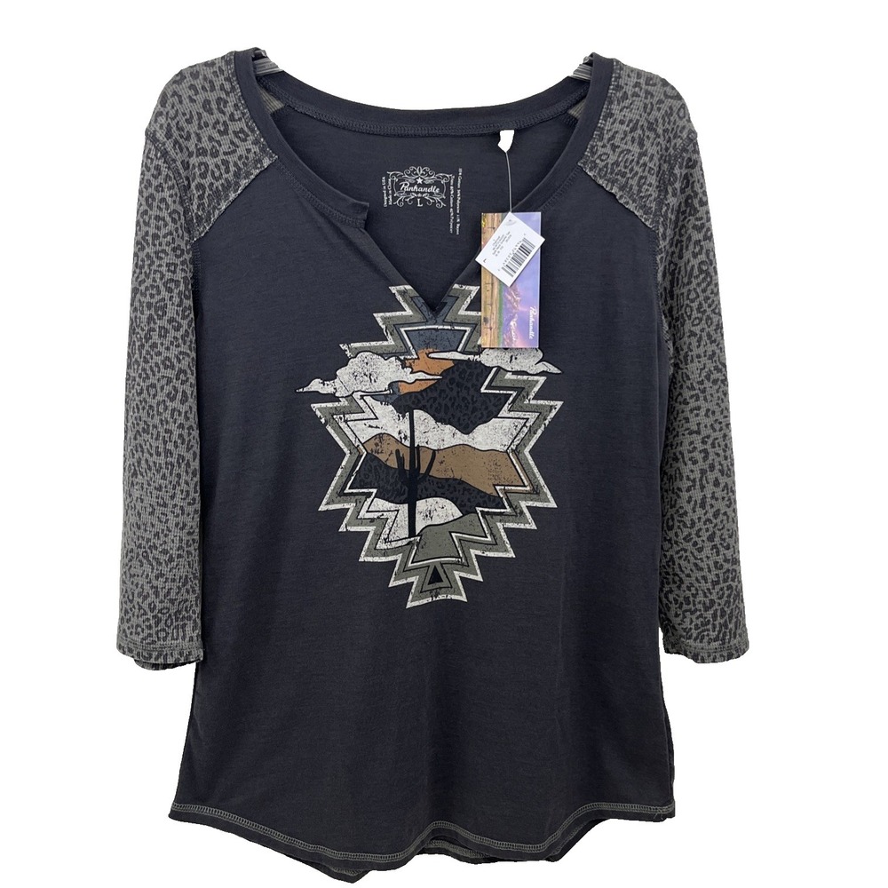 Panhandle Ladies Split Neck T-Shirt Size L NWT Southwestern Gray Cheetah Sleeves